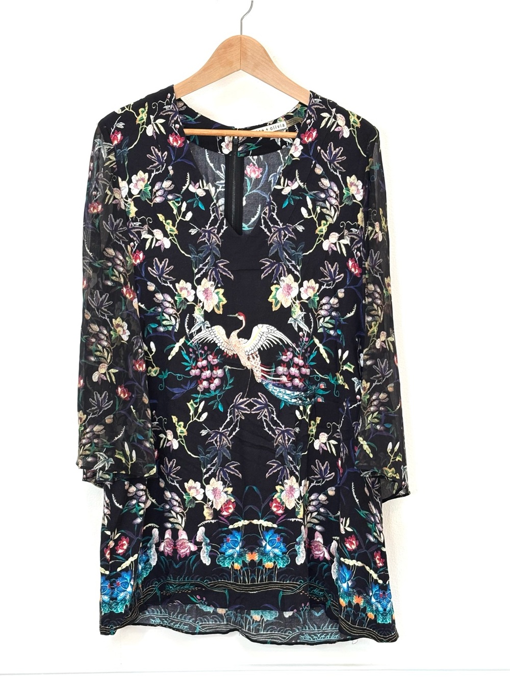Alice + Olivia Zia Mythical Garden Kaftan Mini Dress Size Medium Floral Black - Picture 3 of 11